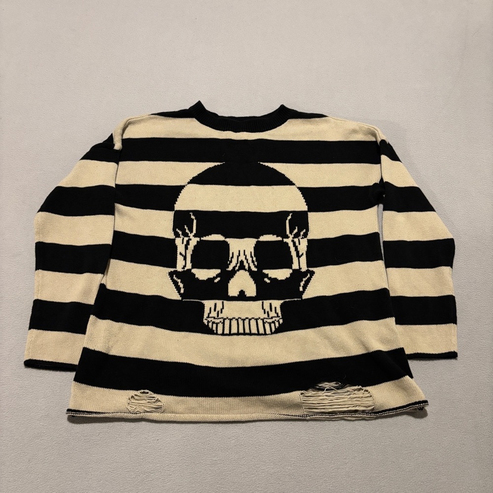 Iron Fist Sweater Size Small Cream Black Striped Skull Y2K Goth Grunge Distresse